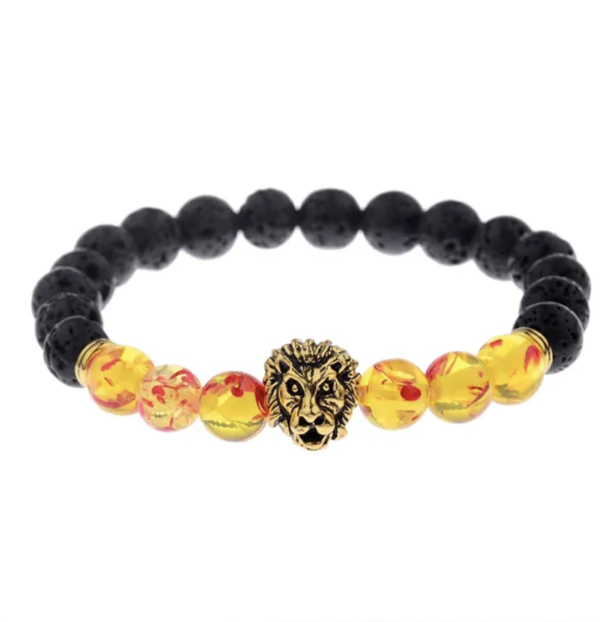 Gold Lion Head Bracelet With Black And Colored Beads