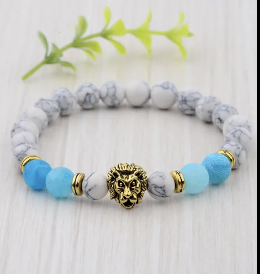 Gold Lion Head Bracelet With Blue Beads 1